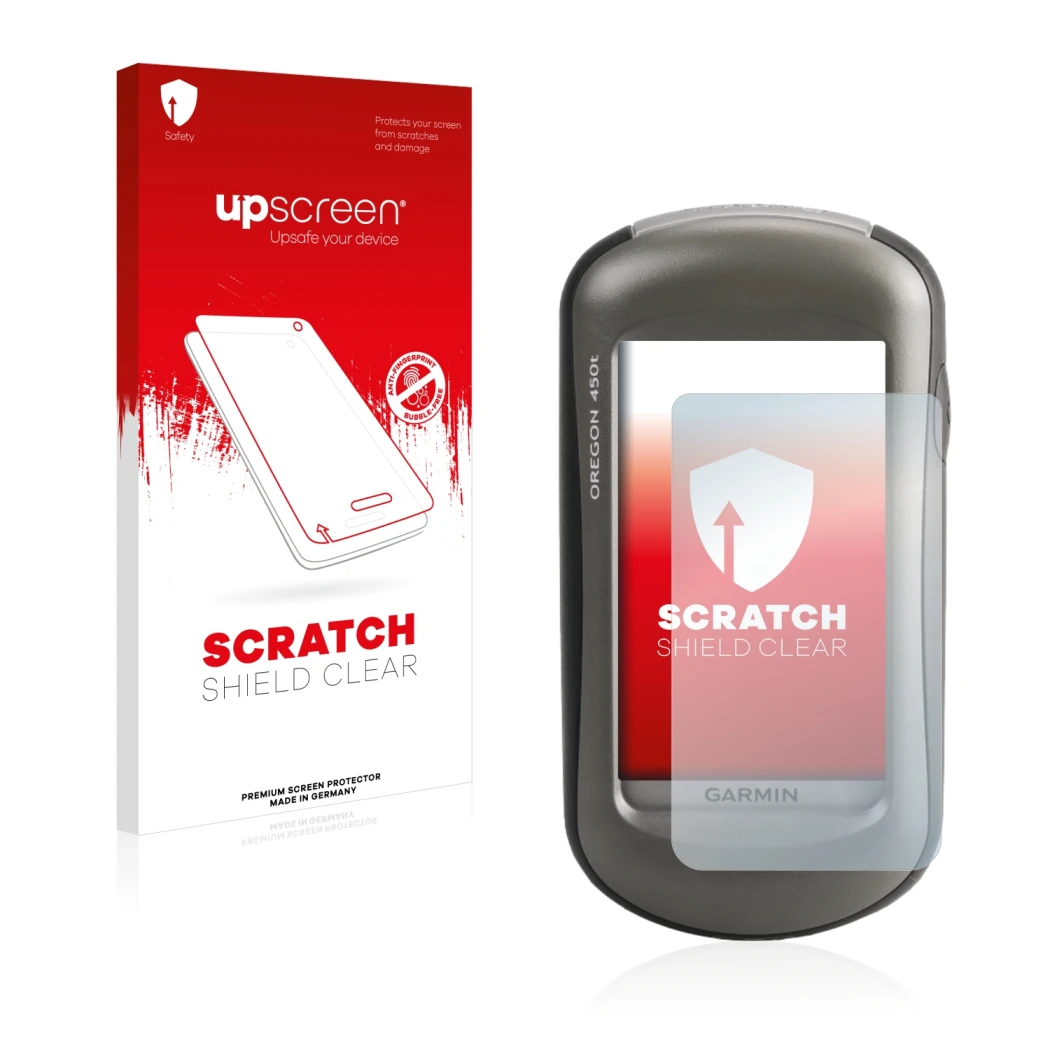 Vorderseite einer Produktverpackung mit dem Markenlogo upscreen. Daneben ist das Gerät Garmin Oregon 450 mit dem zugehörigen D