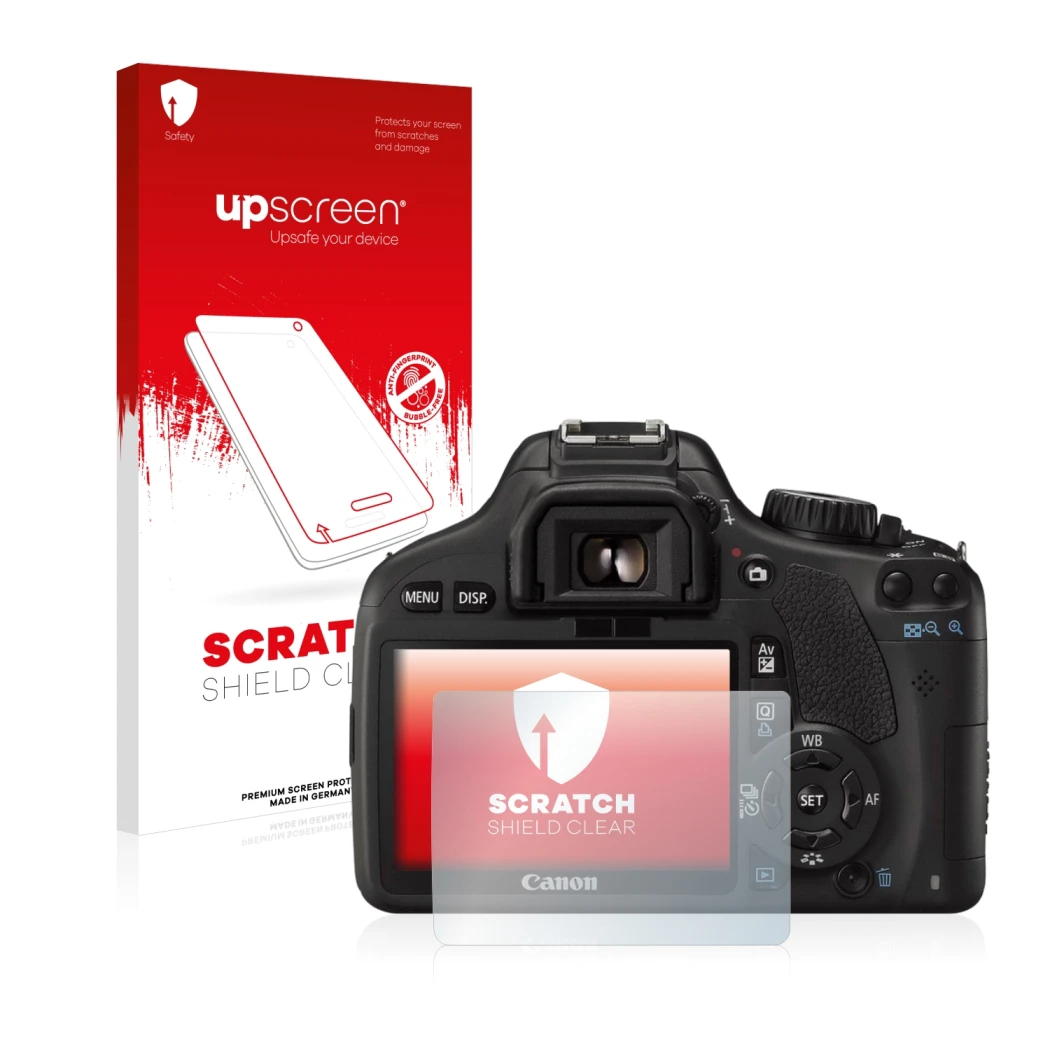Vorderseite einer Produktverpackung mit dem Markenlogo upscreen. Daneben ist das Gerät Canon EOS 550D mit dem zugehörigen Disp