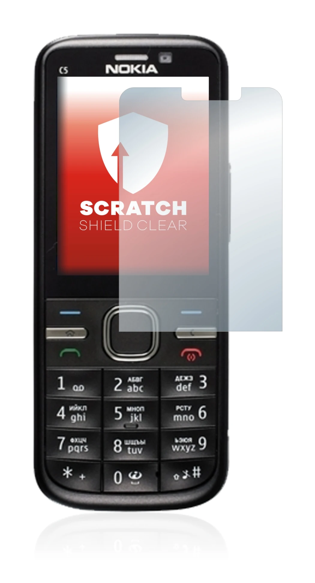 Abbildung des Geräts Nokia C5-00 mit einer Vielzahl des Displayschutzes.