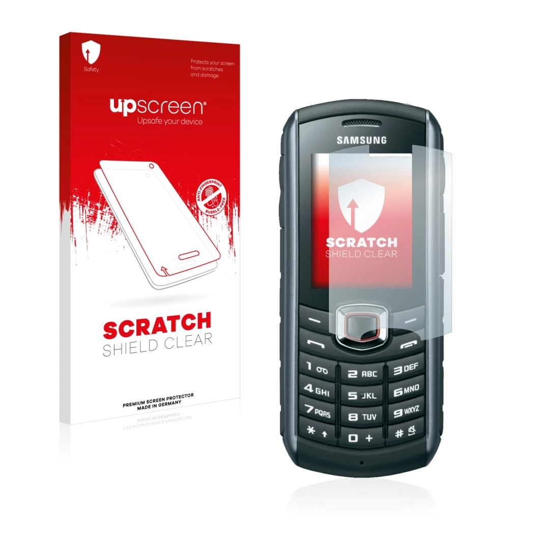 Vorderseite einer Produktverpackung mit dem Markenlogo upscreen. Daneben ist das Gerät Samsung B2710 mit dem zugehörigen Displ