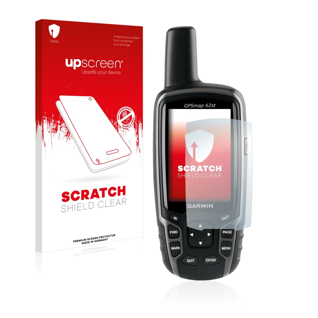 Vorderseite einer Produktverpackung mit dem Markenlogo upscreen. Daneben ist das Gerät Garmin GPSMAP 62st mit dem zugehörigen 
