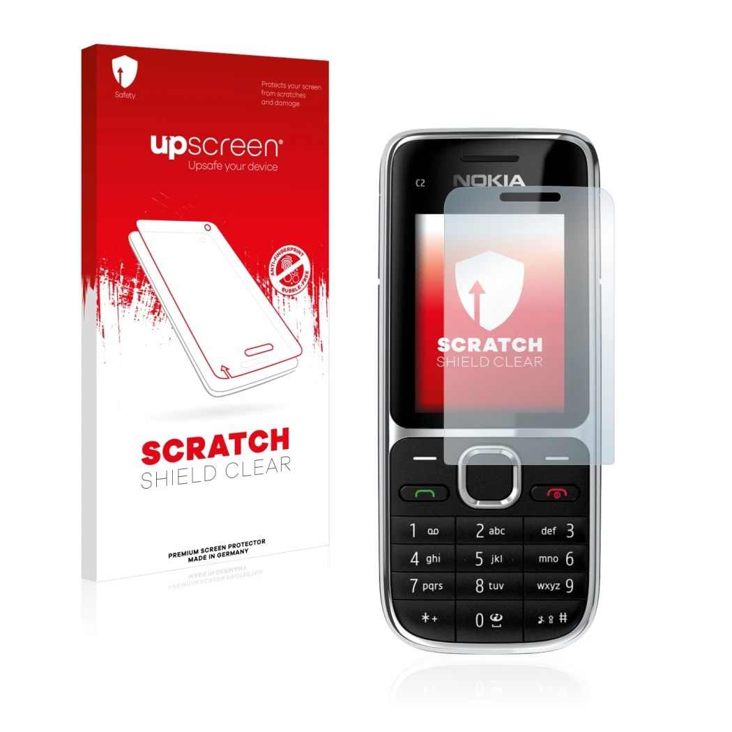 Vorderseite einer Produktverpackung mit dem Markenlogo upscreen. Daneben ist das Gerät Nokia C2-01 mit dem zugehörigen Display