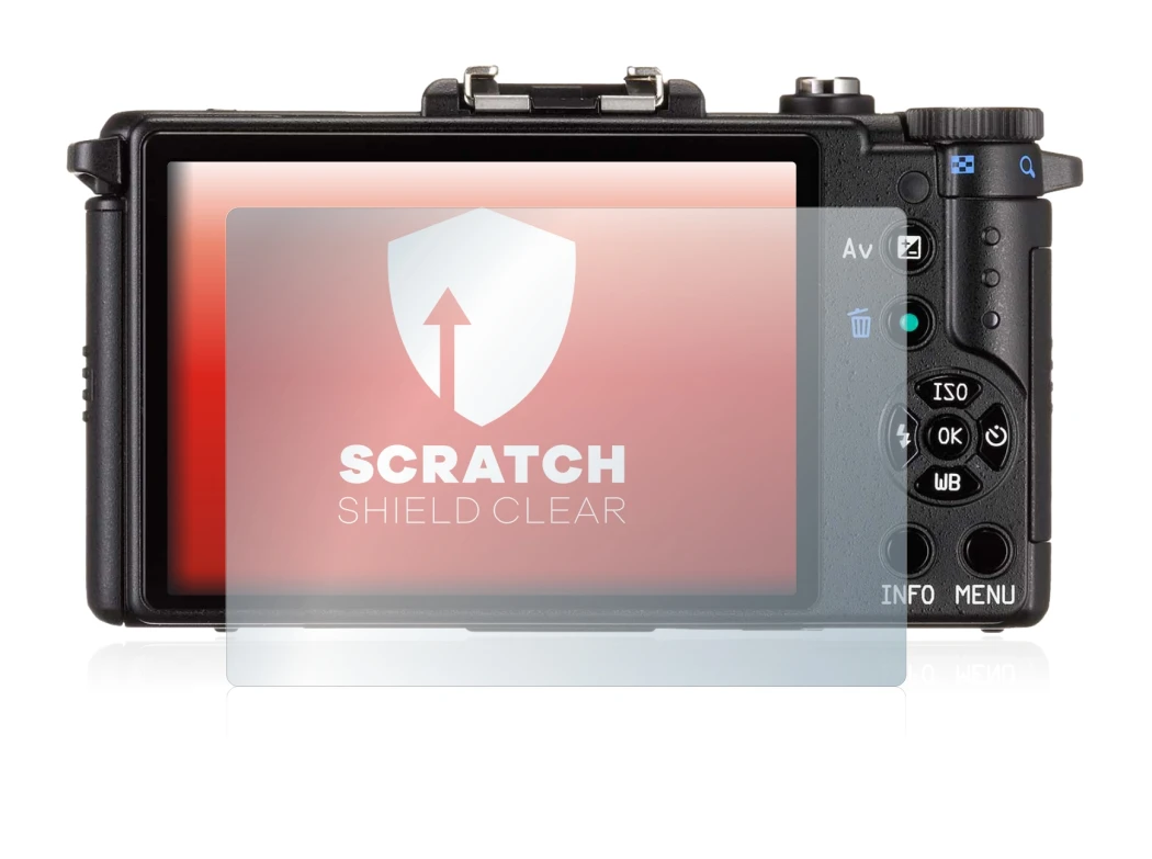 Abbildung des Geräts Pentax Q mit einer Vielzahl des Displayschutzes.