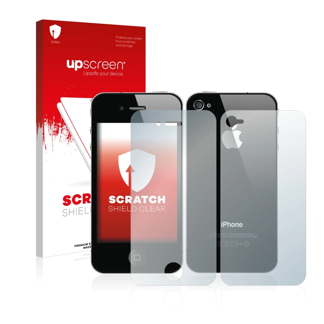 Vorderseite einer Produktverpackung mit dem Markenlogo upscreen. Daneben ist das Gerät Apple iPhone 4S (Display+Rückseite) mit