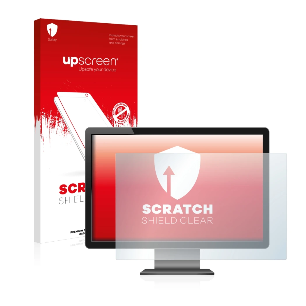 Vorderseite einer Produktverpackung mit dem Markenlogo upscreen. Daneben ist das Gerät mit dem zugehörigen Displayschutz abgeb