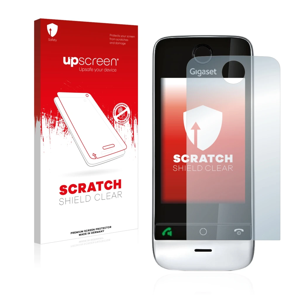 Vorderseite einer Produktverpackung mit dem Markenlogo upscreen. Daneben ist das Gerät Gigaset SL910 (runde Aussparung) mit de