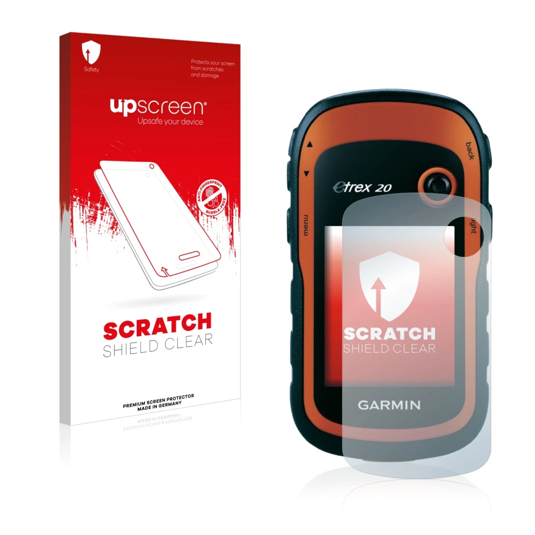 Vorderseite einer Produktverpackung mit dem Markenlogo upscreen. Daneben ist das Gerät Garmin eTrex 20 mit dem zugehörigen Dis