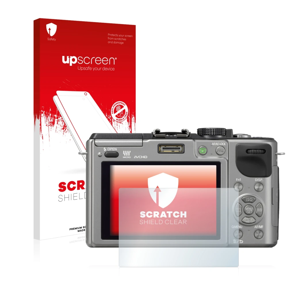 Vorderseite einer Produktverpackung mit dem Markenlogo upscreen. Daneben ist das Gerät Panasonic Lumix DMC-GX1 mit dem zugehör