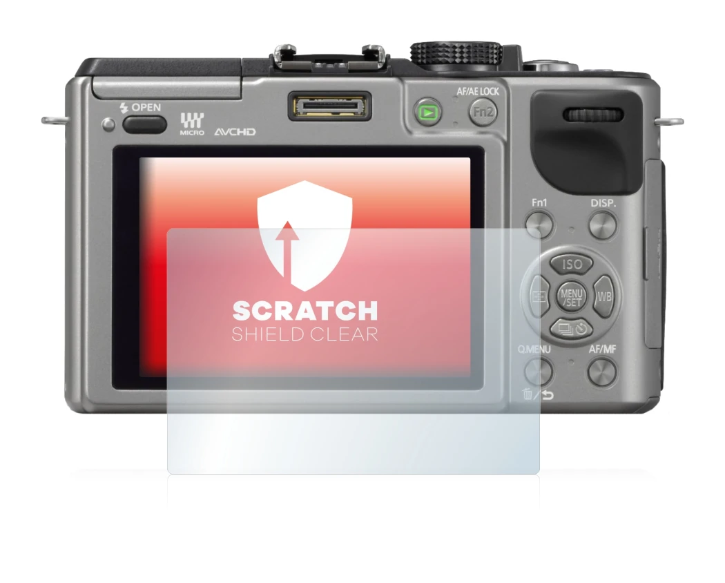 Abbildung des Geräts Panasonic Lumix DMC-GX1 mit einer Vielzahl des Displayschutzes.