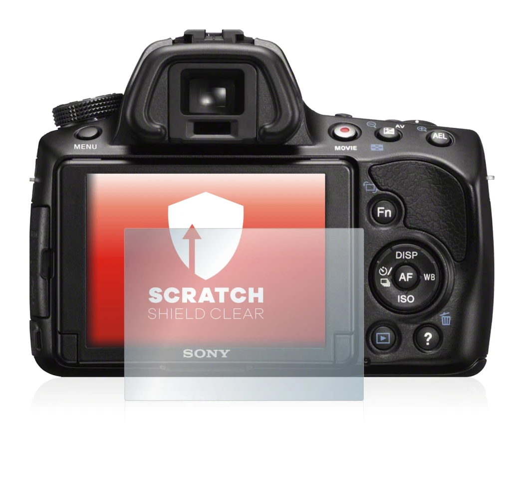 Abbildung des Geräts Sony Alpha 37 (SLT-A37) mit einer Vielzahl des Displayschutzes.