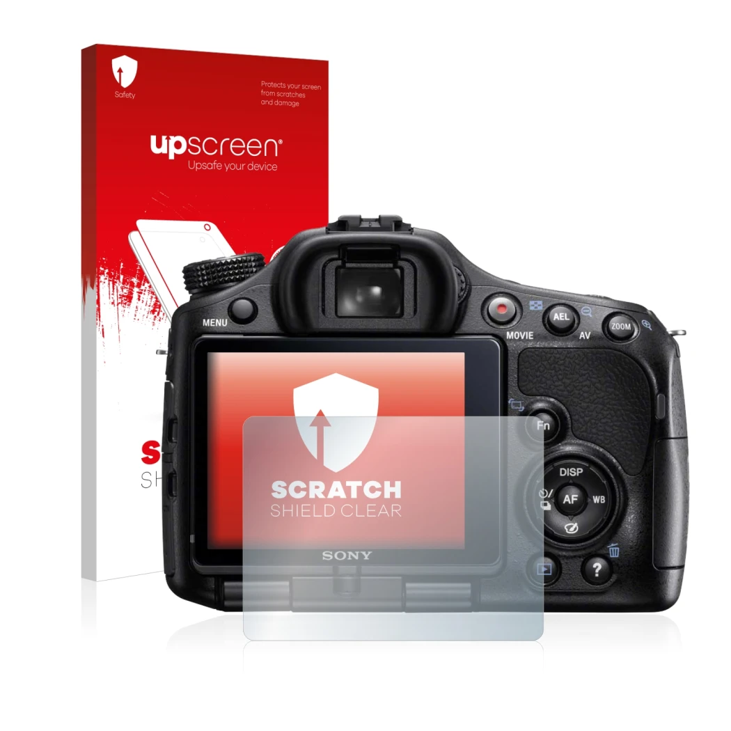 Vorderseite einer Produktverpackung mit dem Markenlogo upscreen. Daneben ist das Gerät Sony Alpha 57 (SLT-A57) mit dem zugehör