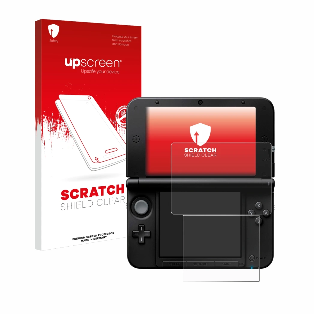 Vorderseite einer Produktverpackung mit dem Markenlogo upscreen. Daneben ist das Gerät Nintendo 3DS XL SPM7800 mit dem zugehör