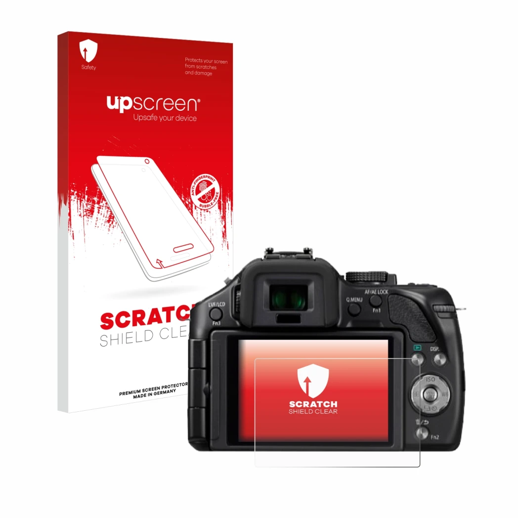 Vorderseite einer Produktverpackung mit dem Markenlogo upscreen. Daneben ist das Gerät Panasonic Lumix DMC-G5 mit dem zugehöri