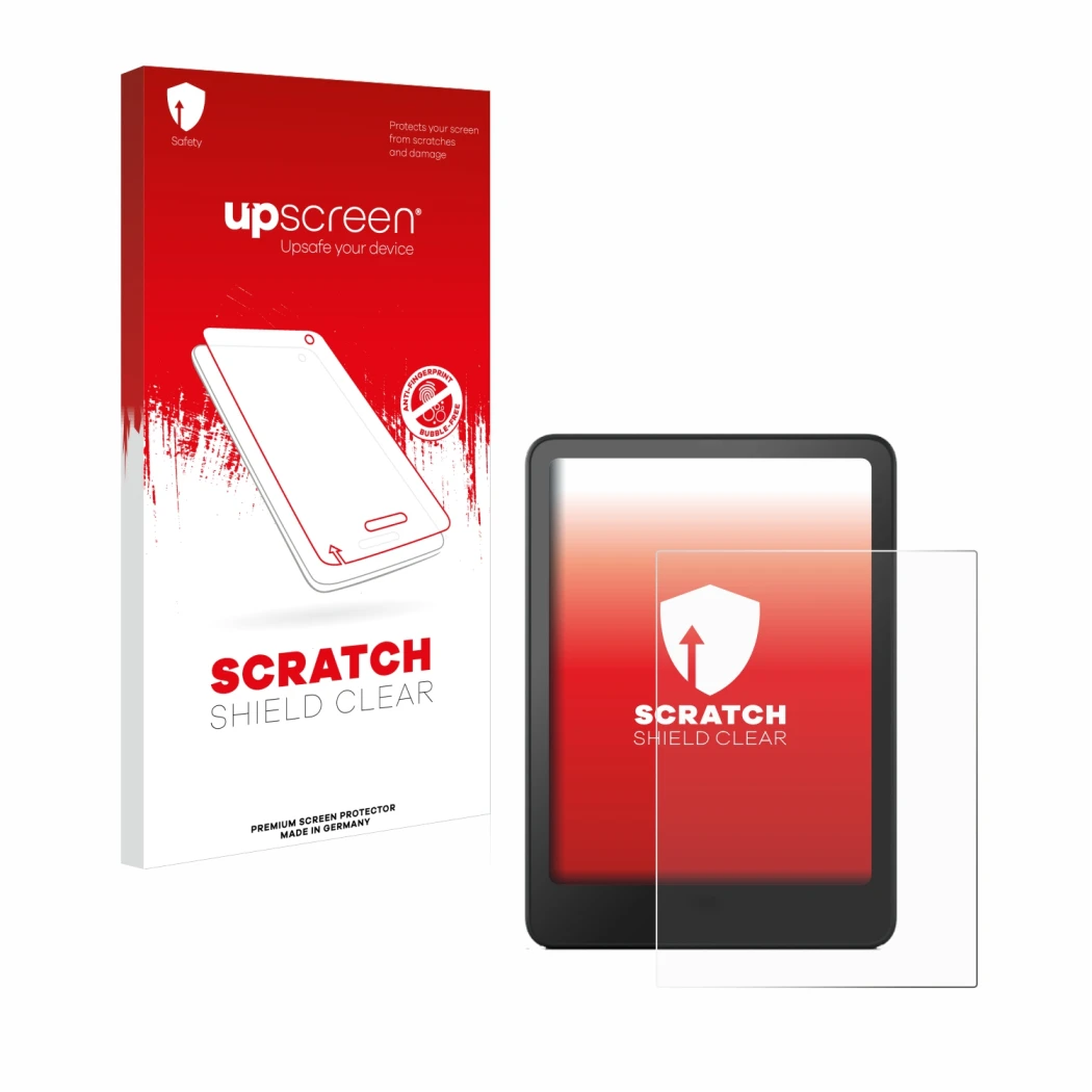 Vorderseite einer Produktverpackung mit dem Markenlogo upscreen. Daneben ist das Gerät Amazon Kindle Paperwhite 2012 mit dem z