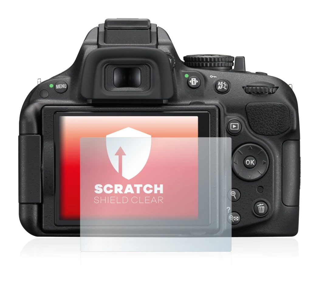 Abbildung des Geräts Nikon D5200 mit einer Vielzahl des Displayschutzes.