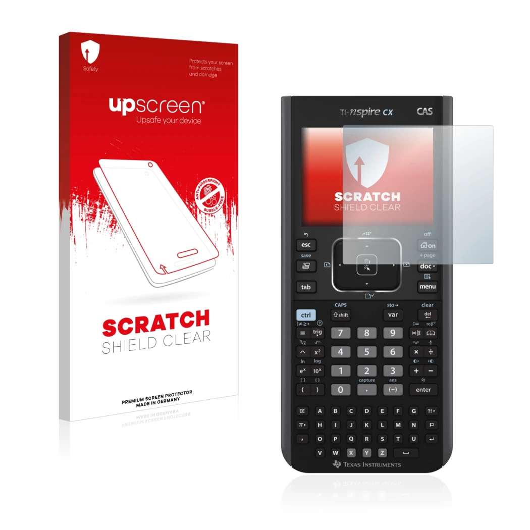 Vorderseite einer Produktverpackung mit dem Markenlogo upscreen. Daneben ist das Gerät Texas Instruments Nspire CX CAS mit dem