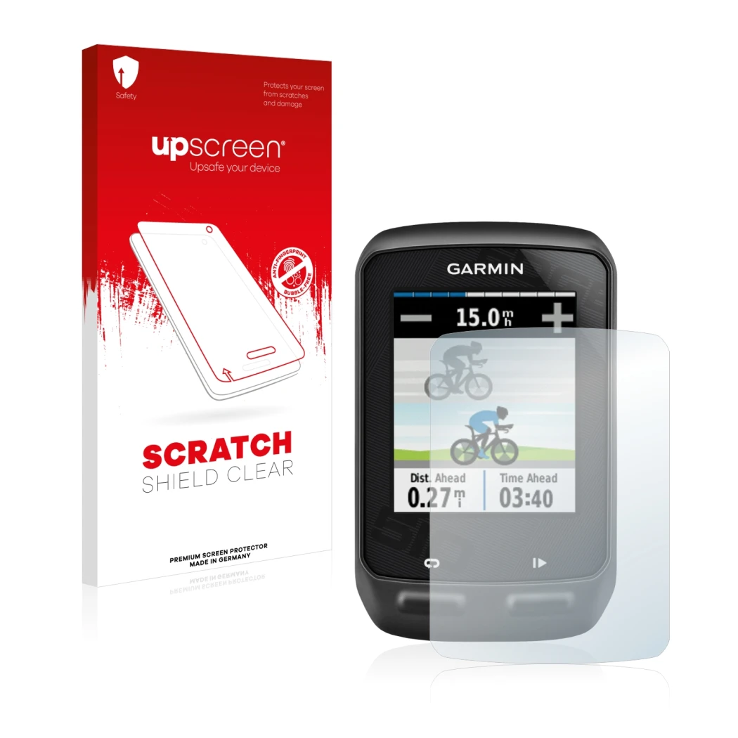 Vorderseite einer Produktverpackung mit dem Markenlogo upscreen. Daneben ist das Gerät Garmin Edge 510 mit dem zugehörigen Dis