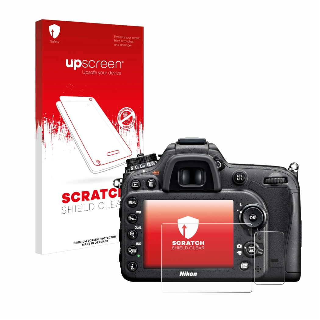 Vorderseite einer Produktverpackung mit dem Markenlogo upscreen. Daneben ist das Gerät Nikon D7100 mit dem zugehörigen Display