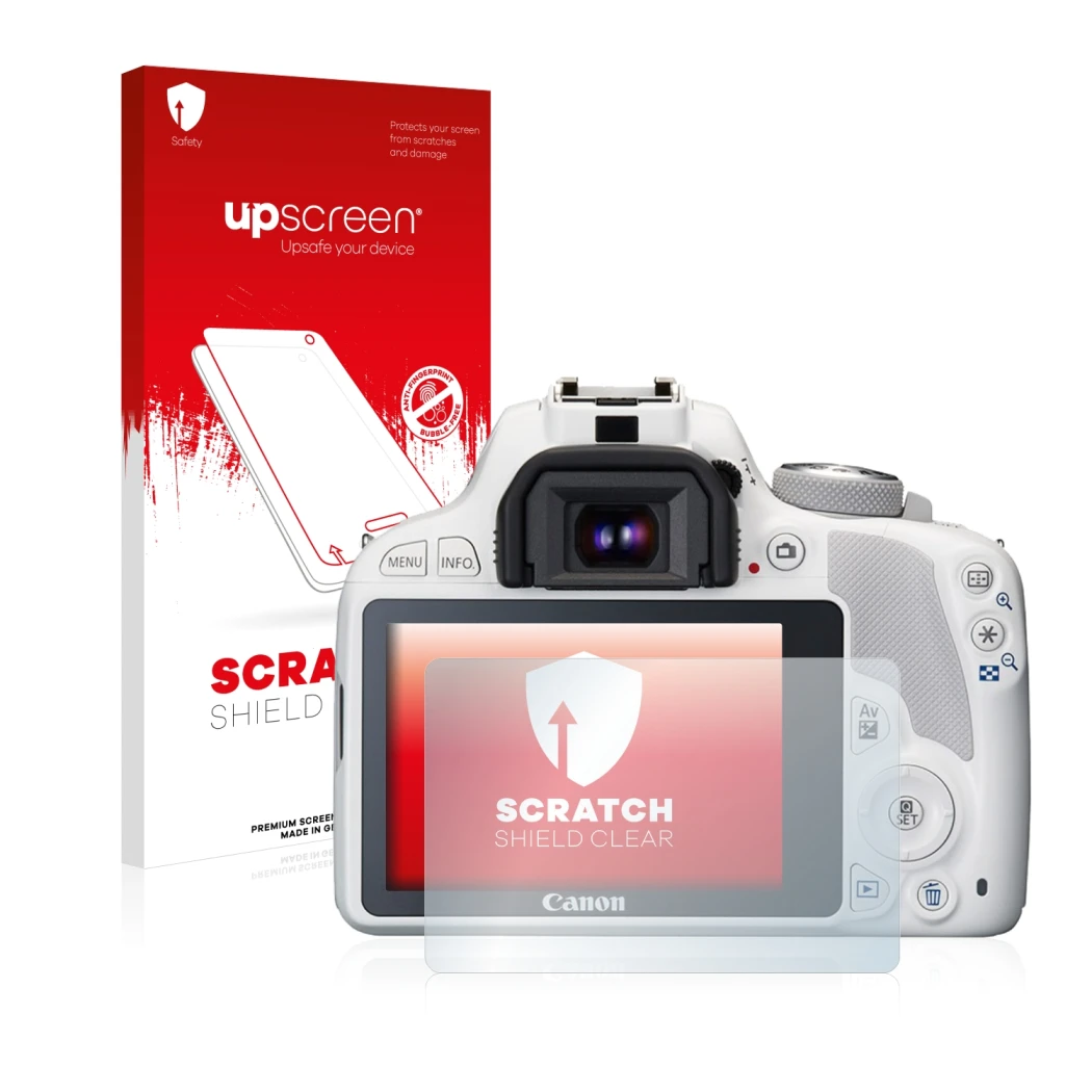 Vorderseite einer Produktverpackung mit dem Markenlogo upscreen. Daneben ist das Gerät Canon EOS 100D mit dem zugehörigen Disp