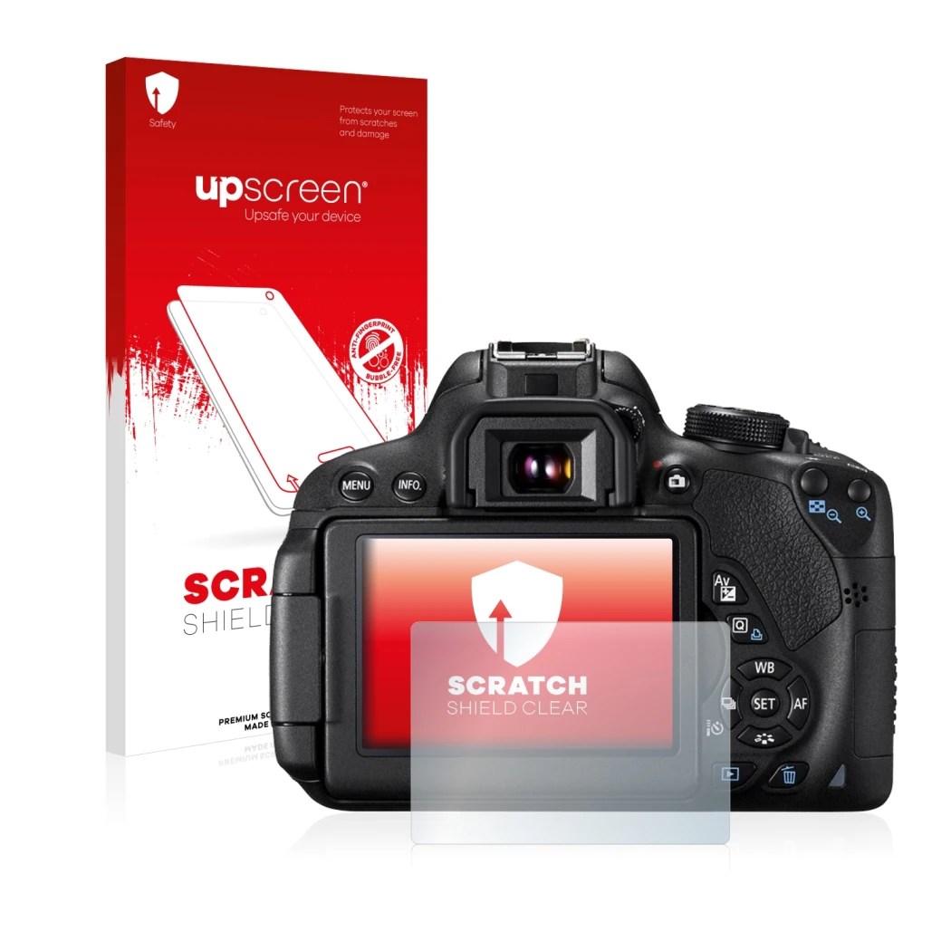 Vorderseite einer Produktverpackung mit dem Markenlogo upscreen. Daneben ist das Gerät Canon EOS 700D mit dem zugehörigen Disp