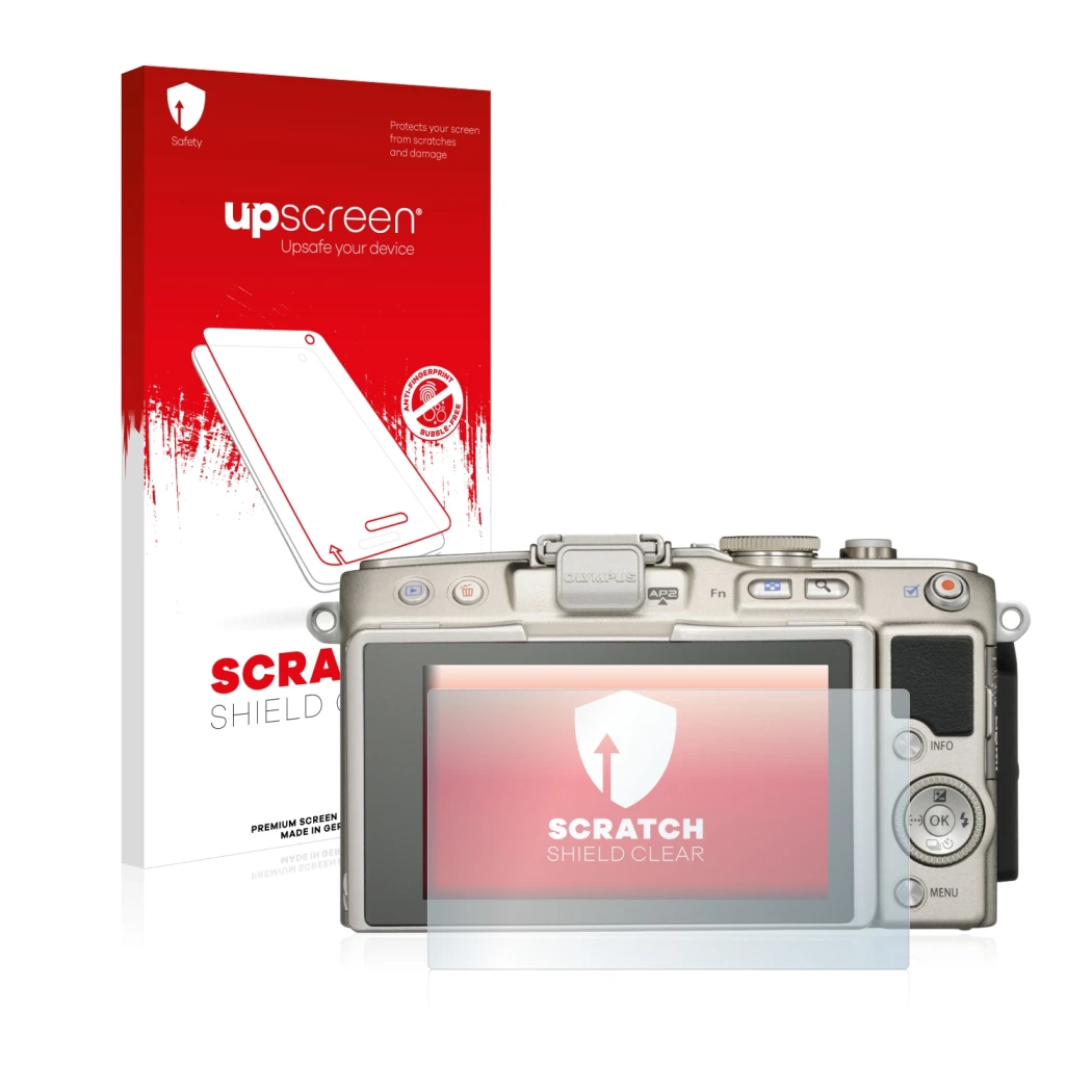 Vorderseite einer Produktverpackung mit dem Markenlogo upscreen. Daneben ist das Gerät Olympus PEN E-PL6 mit dem zugehörigen D