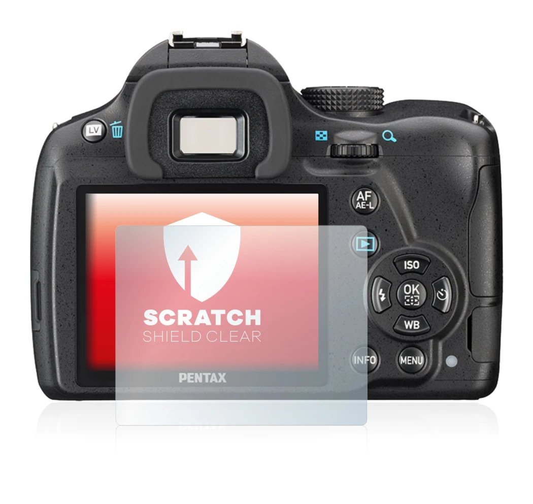 Abbildung des Geräts Pentax K-50 mit einer Vielzahl des Displayschutzes.