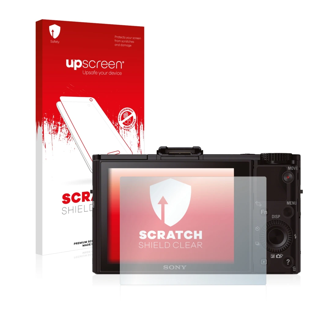 Vorderseite einer Produktverpackung mit dem Markenlogo upscreen. Daneben ist das Gerät Sony Cyber-Shot DSC-RX100 II mit dem zu