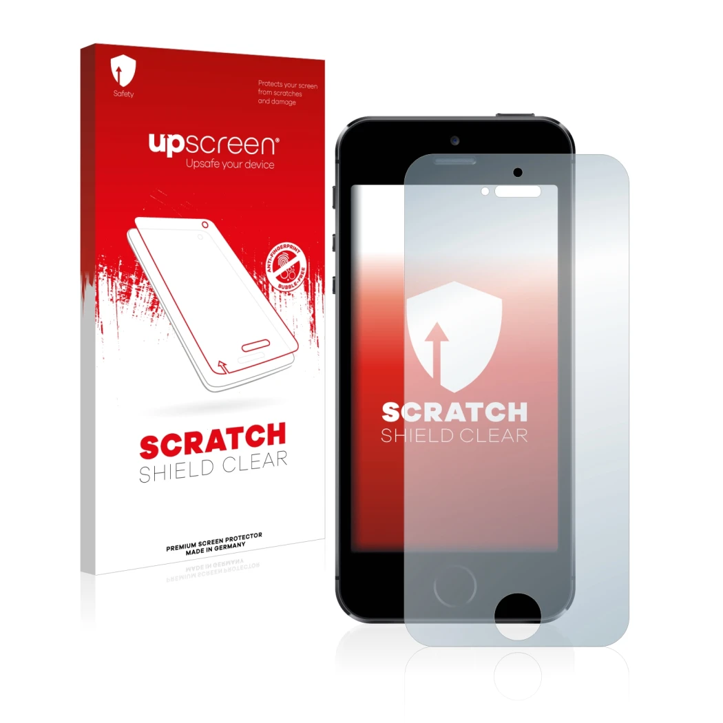Vorderseite einer Produktverpackung mit dem Markenlogo upscreen. Daneben ist das Gerät Apple iPhone 5S mit dem zugehörigen Dis