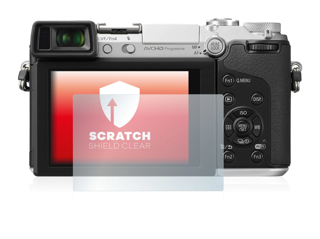 Abbildung des Geräts Panasonic Lumix DMC-GX7 mit einer Vielzahl des Displayschutzes.