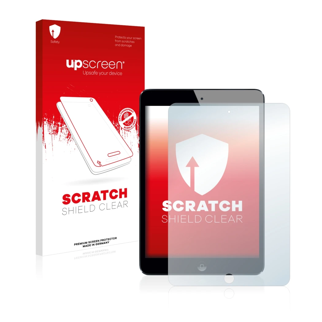 Vorderseite einer Produktverpackung mit dem Markenlogo upscreen. Daneben ist das Gerät Apple iPad Mini 2 2013 mit dem zugehöri