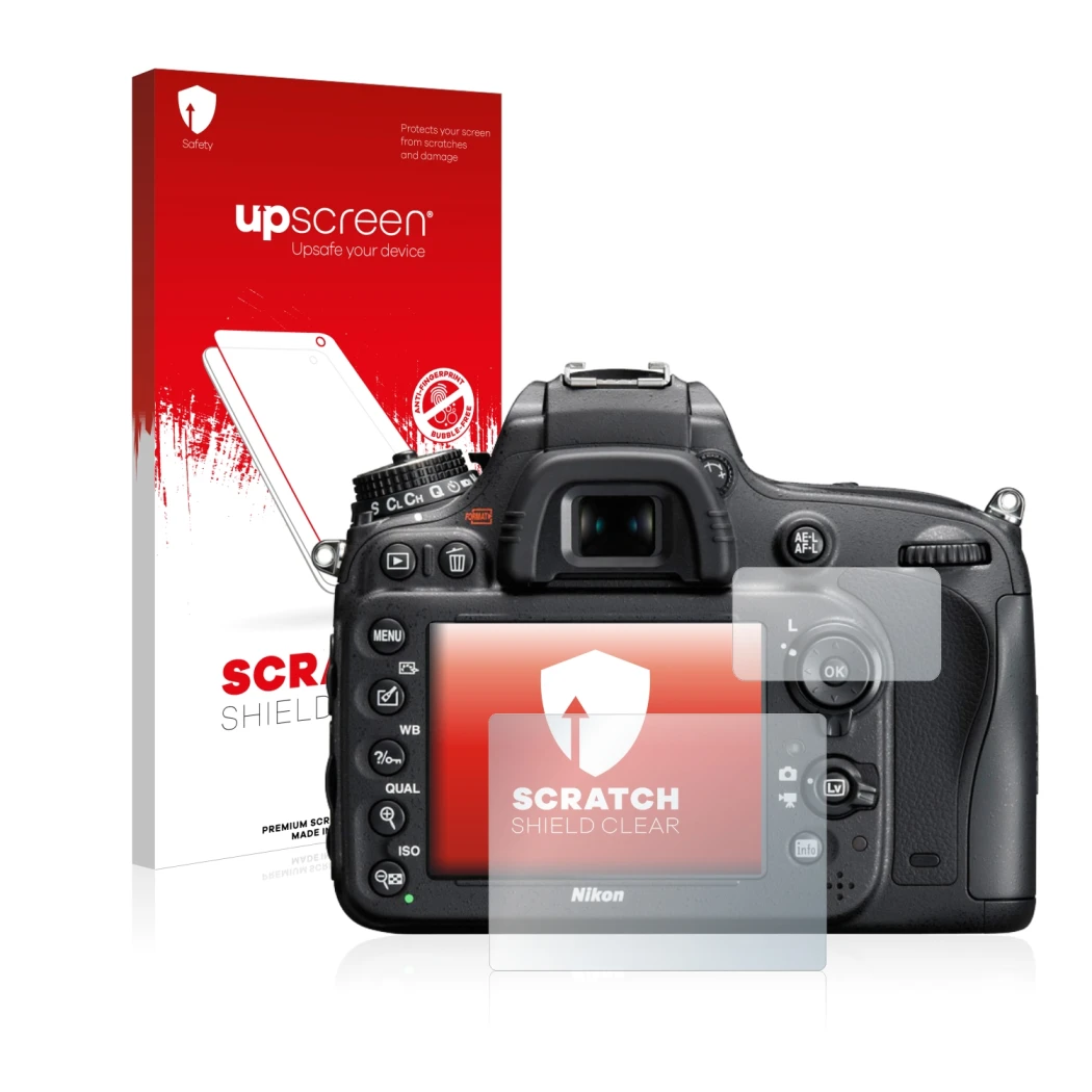 Vorderseite einer Produktverpackung mit dem Markenlogo upscreen. Daneben ist das Gerät Nikon D610 mit dem zugehörigen Displays