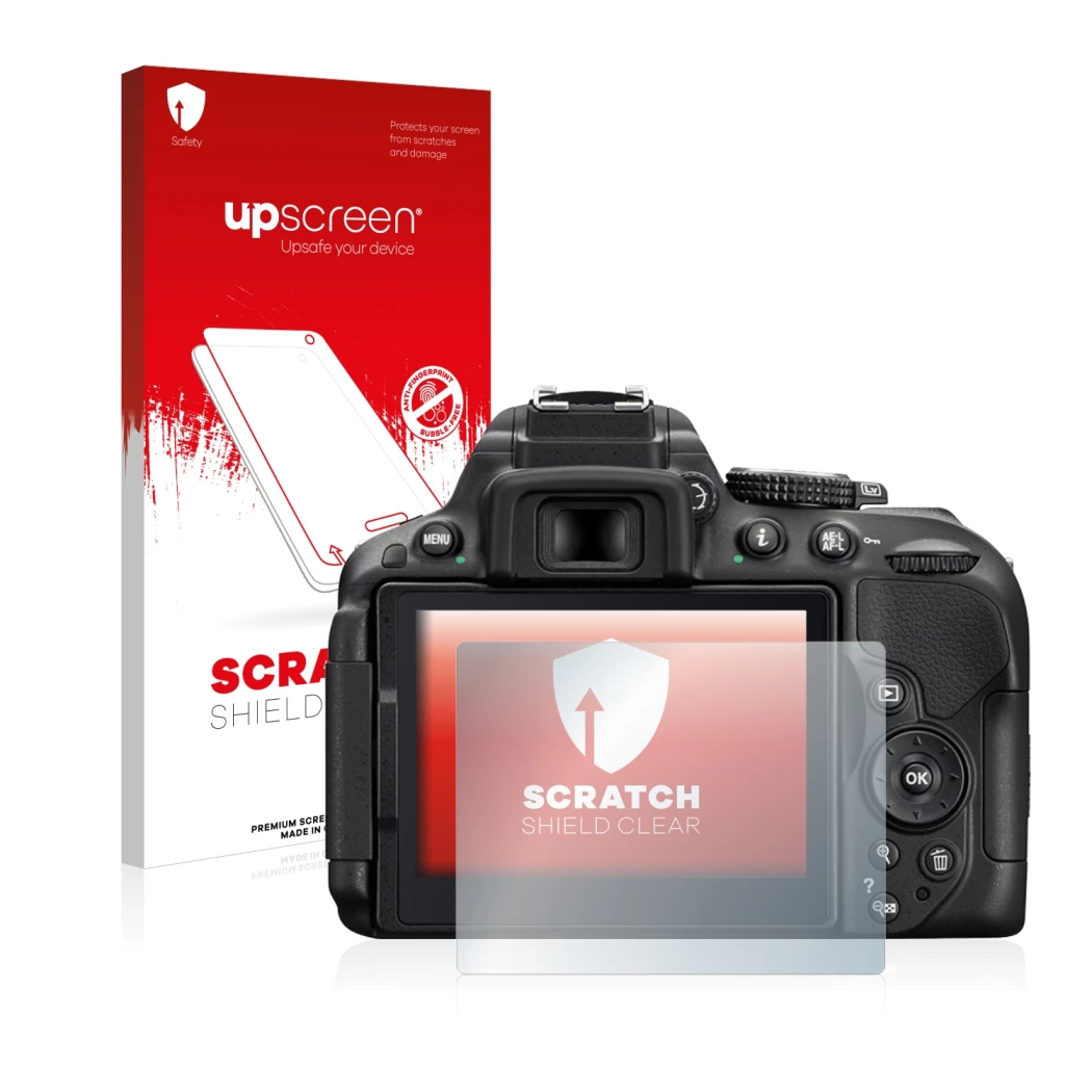 Vorderseite einer Produktverpackung mit dem Markenlogo upscreen. Daneben ist das Gerät Nikon D5300 mit dem zugehörigen Display