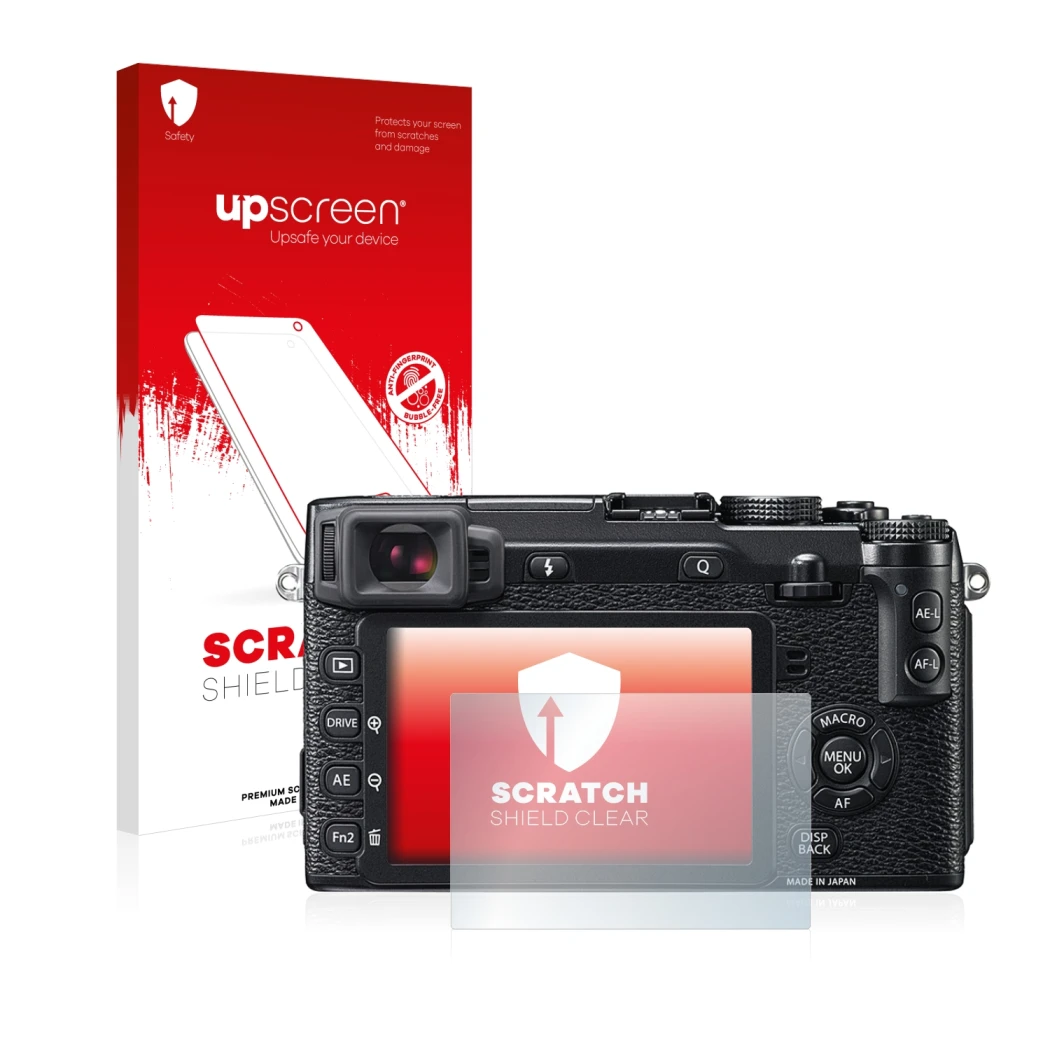 Vorderseite einer Produktverpackung mit dem Markenlogo upscreen. Daneben ist das Gerät Fujifilm X-E2 mit dem zugehörigen Displ