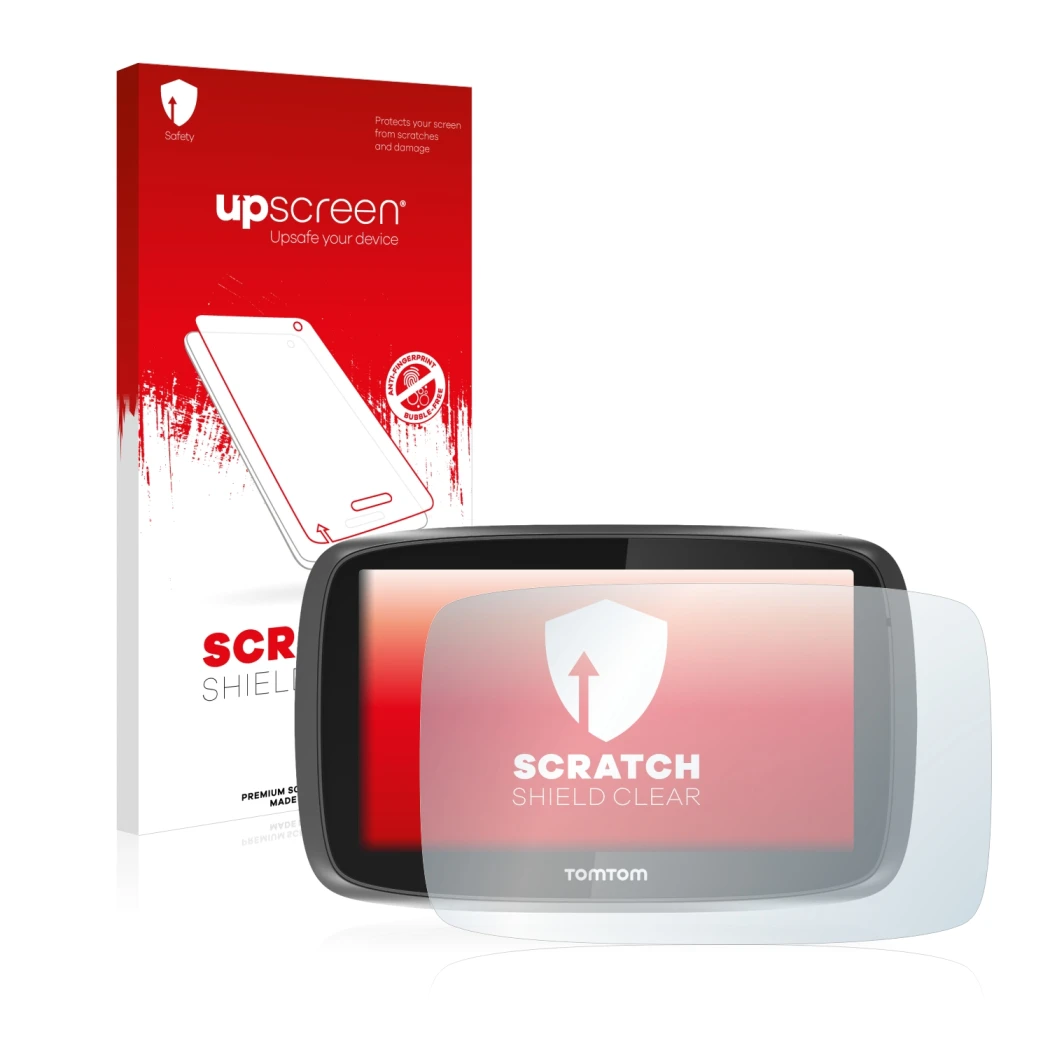 Vorderseite einer Produktverpackung mit dem Markenlogo upscreen. Daneben ist das Gerät TomTom GO 5000 mit dem zugehörigen Disp