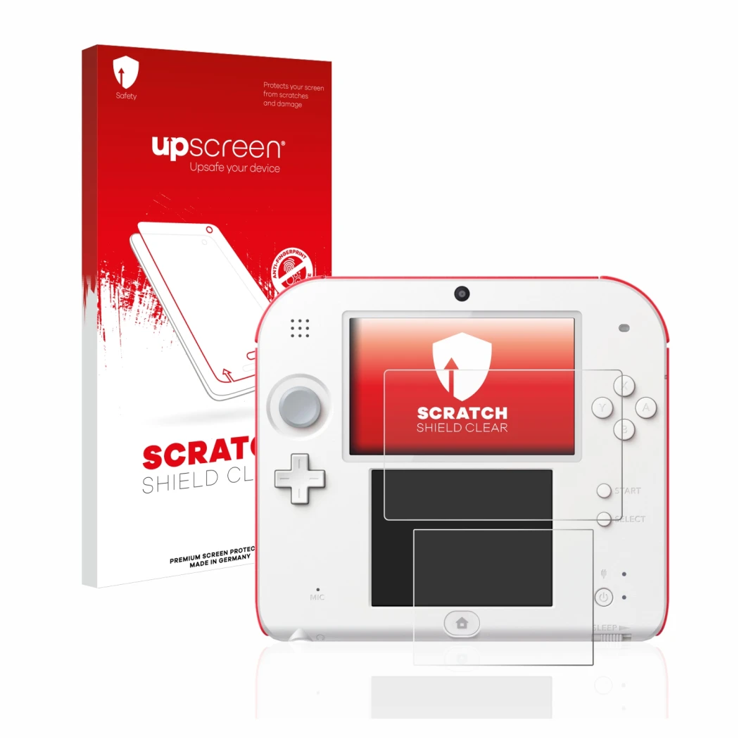Vorderseite einer Produktverpackung mit dem Markenlogo upscreen. Daneben ist das Gerät Nintendo 2DS mit dem zugehörigen Displa