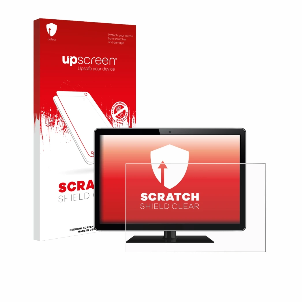 Vorderseite einer Produktverpackung mit dem Markenlogo upscreen. Daneben ist das Gerät mit dem zugehörigen Displayschutz abgeb