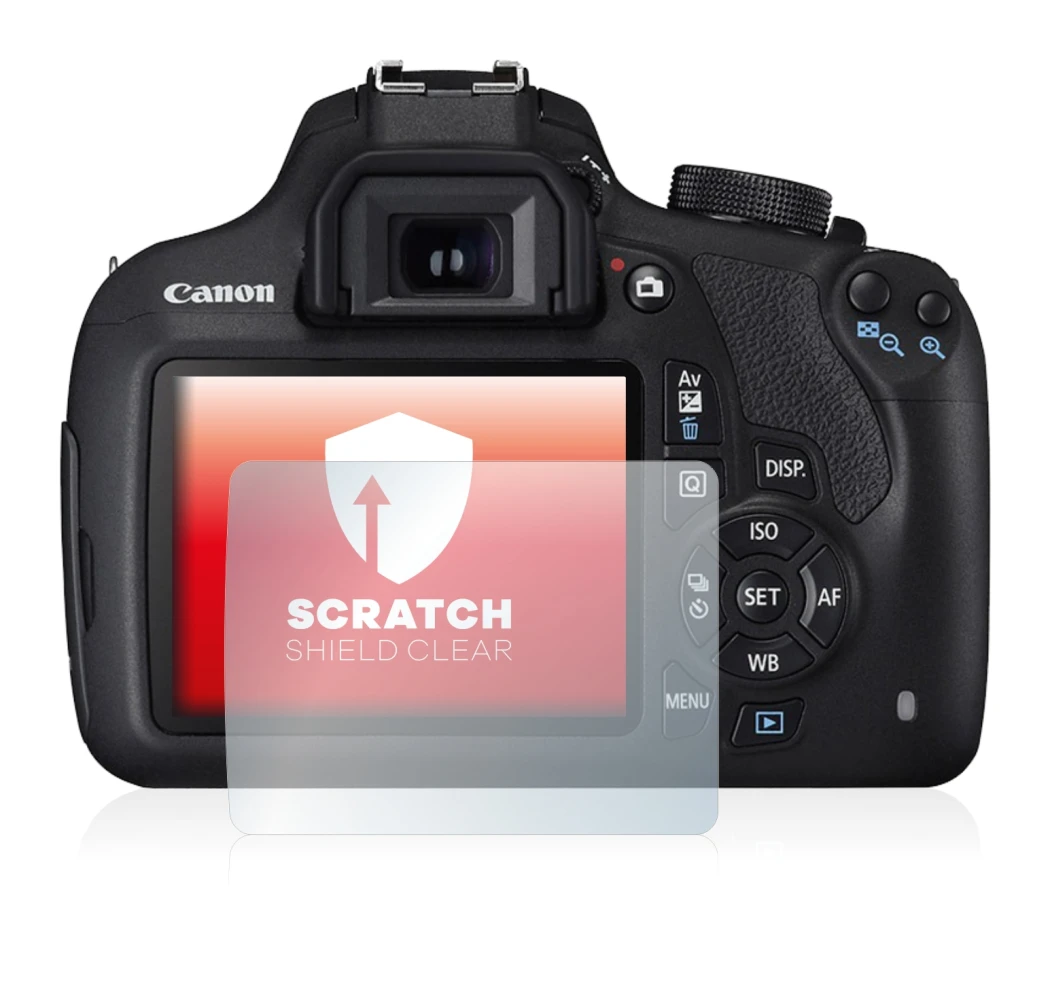 Abbildung des Geräts Canon EOS 1200D mit einer Vielzahl des Displayschutzes.