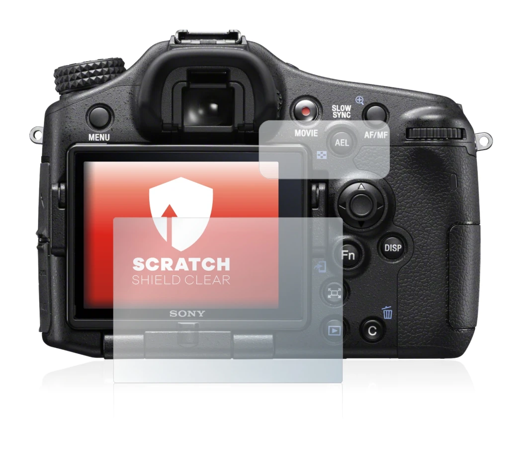 Abbildung des Geräts Sony Alpha 77 II (SLT-A77 II) mit einer Vielzahl des Displayschutzes.