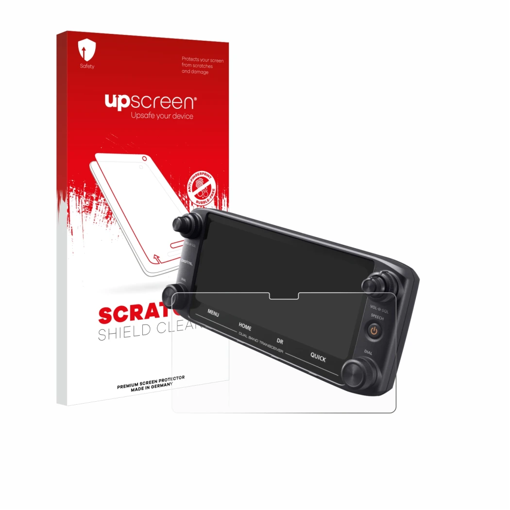 Vorderseite einer Produktverpackung mit dem Markenlogo upscreen. Daneben ist das Gerät Icom ID-5100 mit dem zugehörigen Displa