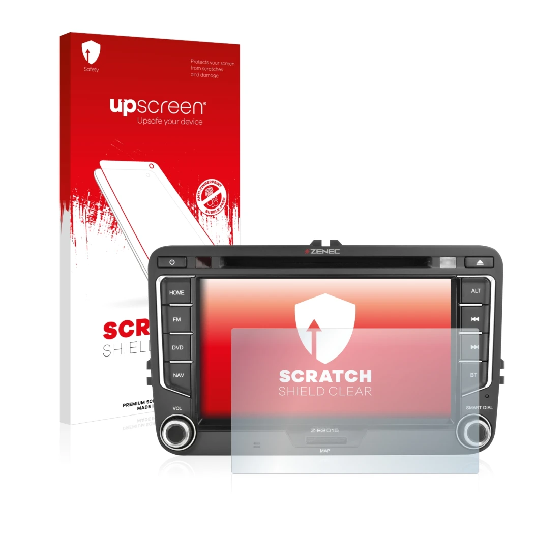 Vorderseite einer Produktverpackung mit dem Markenlogo upscreen. Daneben ist das Gerät Zenec Z-E2015 mit dem zugehörigen Displ