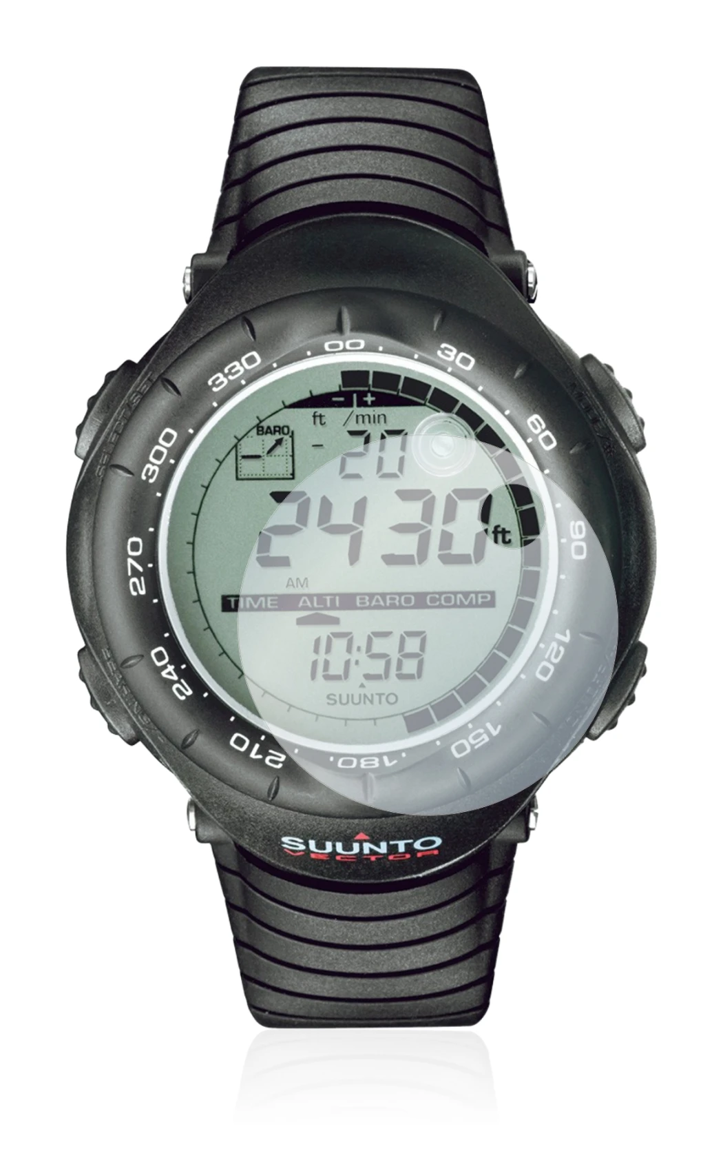 Abbildung des Geräts Suunto Vector Black mit einer Vielzahl des Displayschutzes.