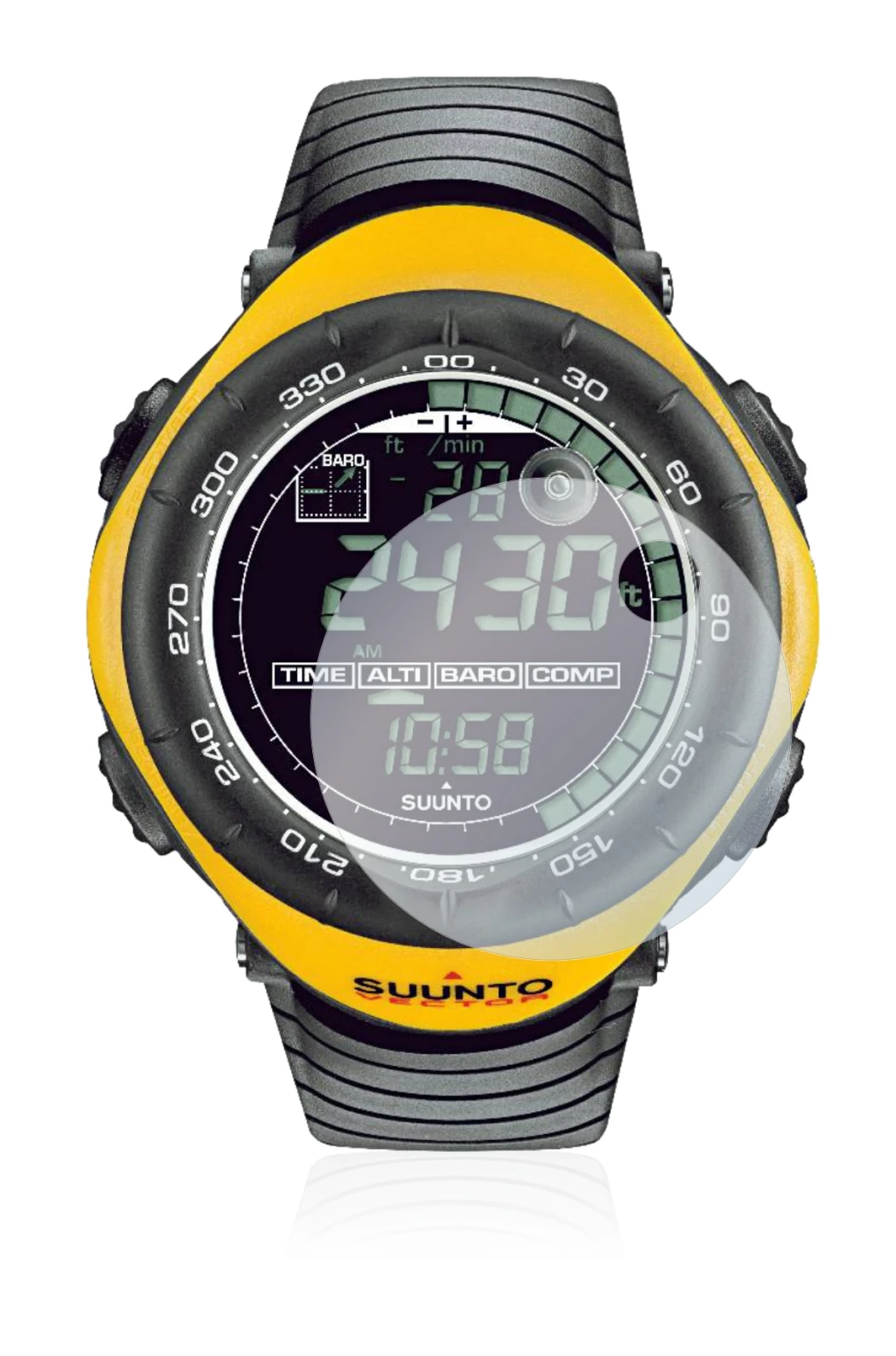 Abbildung des Geräts Suunto Vector Yellow mit einer Vielzahl des Displayschutzes.