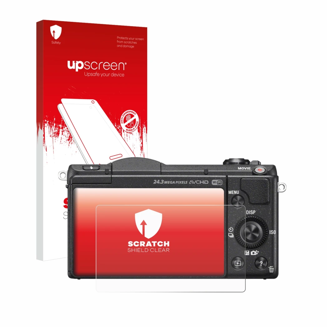 Vorderseite einer Produktverpackung mit dem Markenlogo upscreen. Daneben ist das Gerät Sony Alpha 5100 (DSLR-A5100) mit dem zu