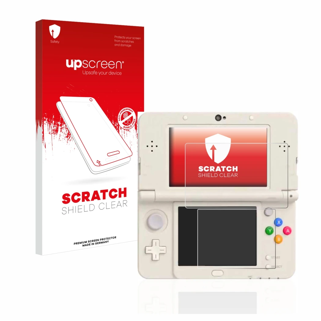 Vorderseite einer Produktverpackung mit dem Markenlogo upscreen. Daneben ist das Gerät Nintendo New 3DS mit dem zugehörigen Di