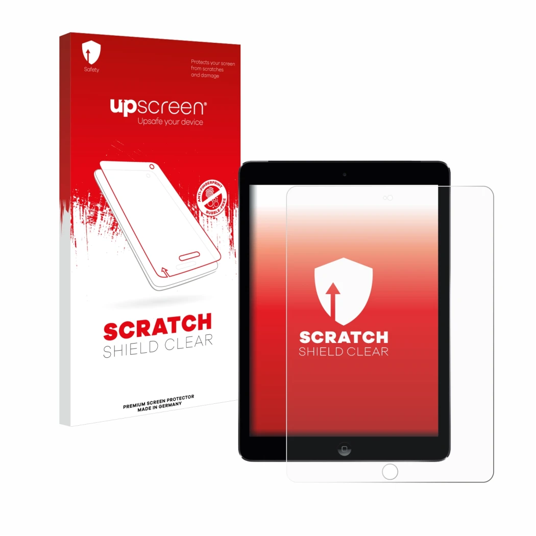Vorderseite einer Produktverpackung mit dem Markenlogo upscreen. Daneben ist das Gerät Apple iPad Air 2 2014 mit dem zugehörig