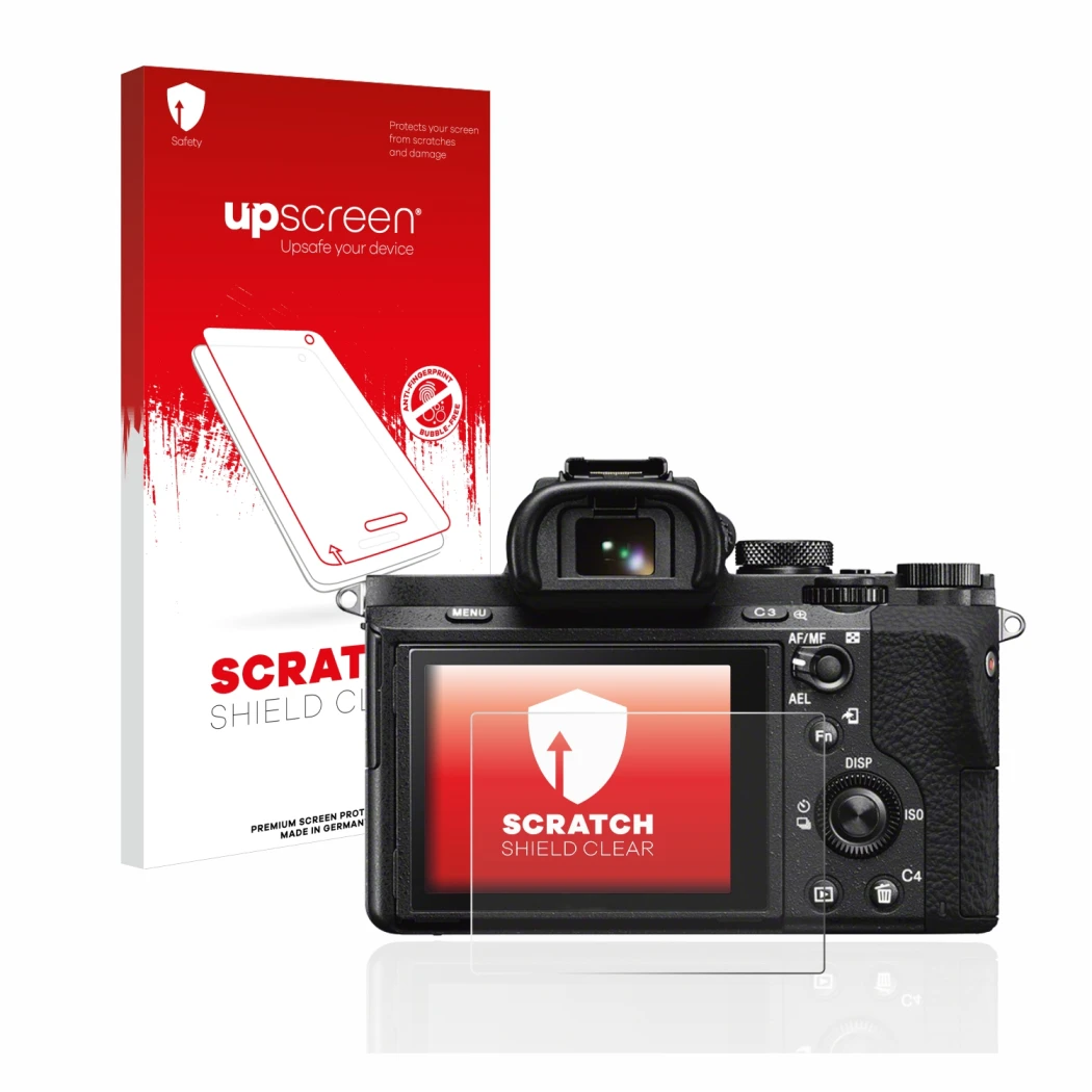 Vorderseite einer Produktverpackung mit dem Markenlogo upscreen. Daneben ist das Gerät Sony Alpha 7 II (ILCE-7M2) mit dem zuge