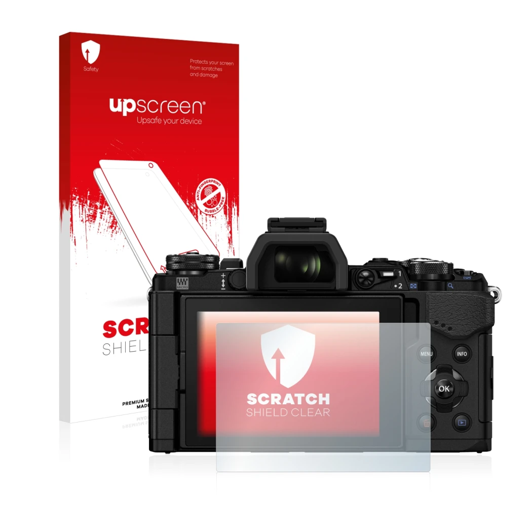 Vorderseite einer Produktverpackung mit dem Markenlogo upscreen. Daneben ist das Gerät Olympus OM-D E-M5 Mark II mit dem zugeh