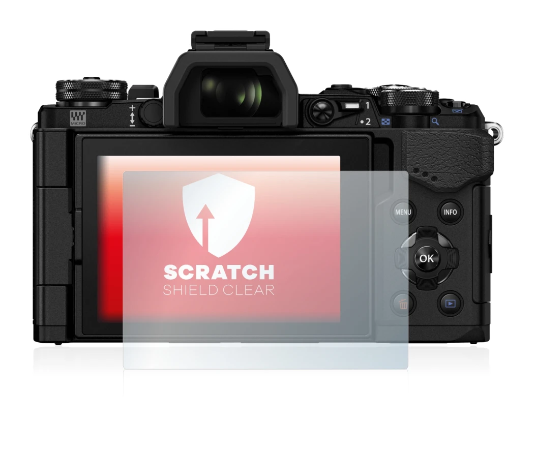 Abbildung des Geräts Olympus OM-D E-M5 Mark II mit einer Vielzahl des Displayschutzes.