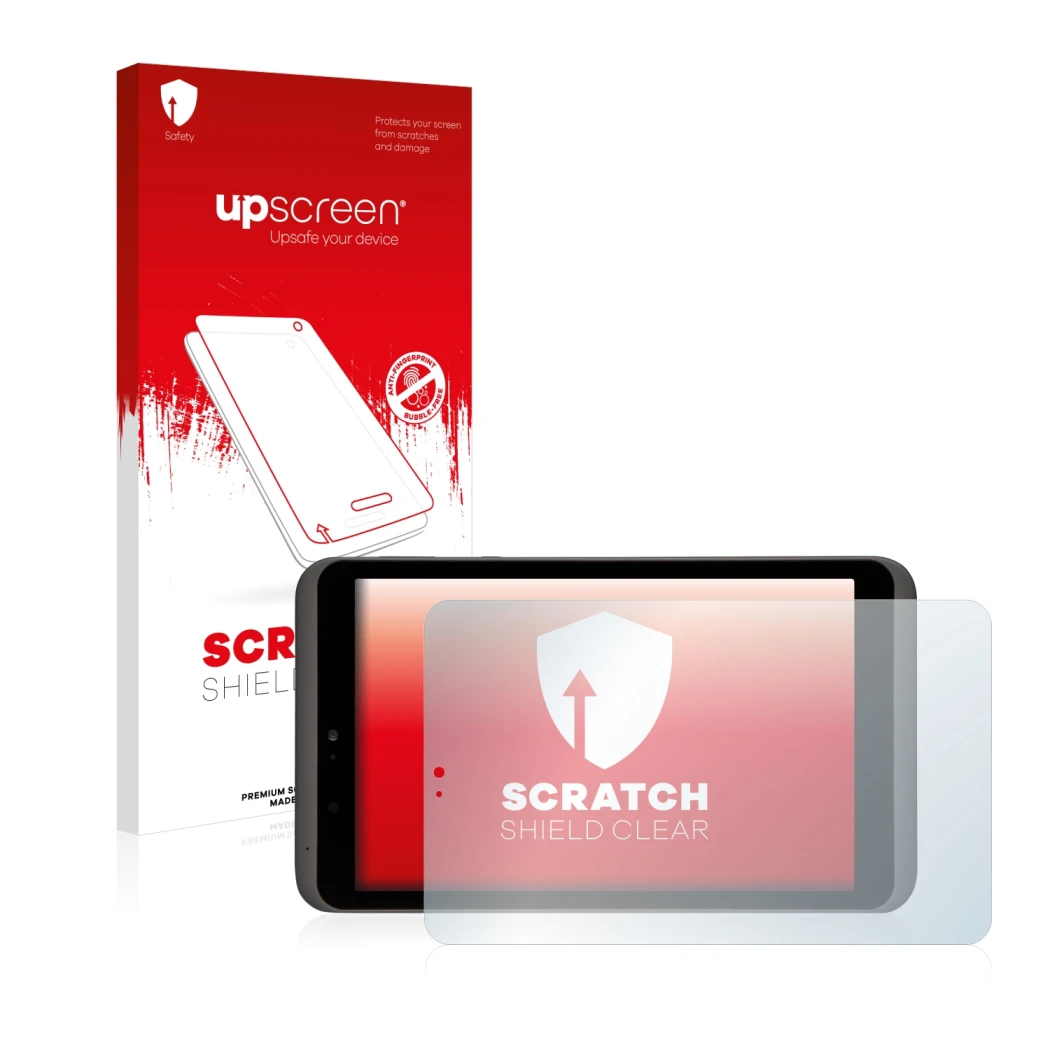 Vorderseite einer Produktverpackung mit dem Markenlogo upscreen. Daneben ist das Gerät Tesco hudl2 mit dem zugehörigen Display