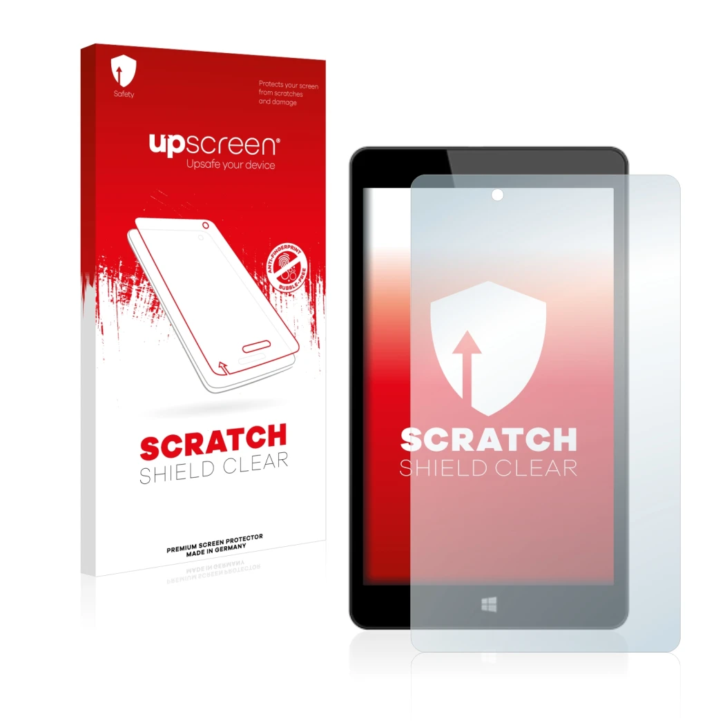 Vorderseite einer Produktverpackung mit dem Markenlogo upscreen. Daneben ist das Gerät Linx 8 mit dem zugehörigen Displayschut